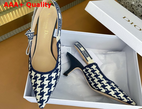 Dior J adior Slingback Pump Blue and White Cotton Embroidery with Micro Houndstooth Motif Replica