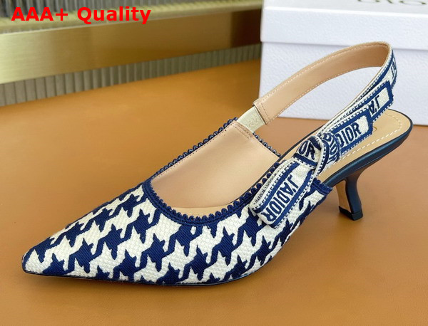 Dior J adior Slingback Pump Blue and White Cotton Embroidery with Micro Houndstooth Motif Replica