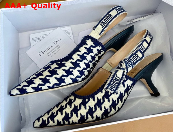 Dior J adior Slingback Pump Blue and White Cotton Embroidery with Micro Houndstooth Motif Replica