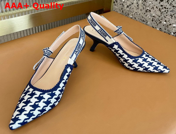 Dior J adior Slingback Pump Blue and White Cotton Embroidery with Micro Houndstooth Motif Replica