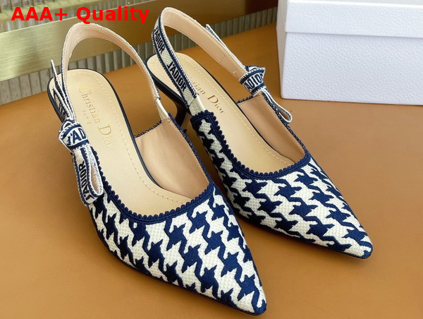 Dior J adior Slingback Pump Blue and White Cotton Embroidery with Micro Houndstooth Motif Replica