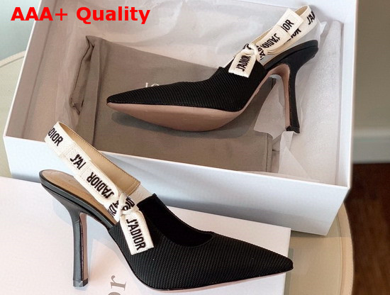 Dior Jadior 10cm Slingback Pump in Black Technical Canvas with Embroidered Jadior Ribbon Replica