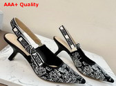 Dior Jadior Slingback Pump Black and White Cotton Embroidered with Plan de Paris Motif Mid Heel Replica