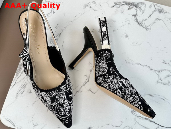 Dior Jadior Slingback Pump Black and White Cotton Embroidered with Plan de Paris Motif Replica