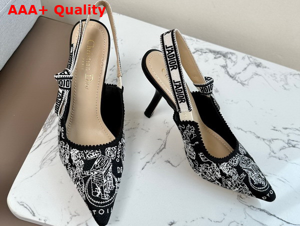 Dior Jadior Slingback Pump Black and White Cotton Embroidered with Plan de Paris Motif Replica