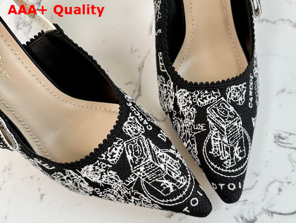 Dior Jadior Slingback Pump Black and White Cotton Embroidered with Plan de Paris Motif Replica