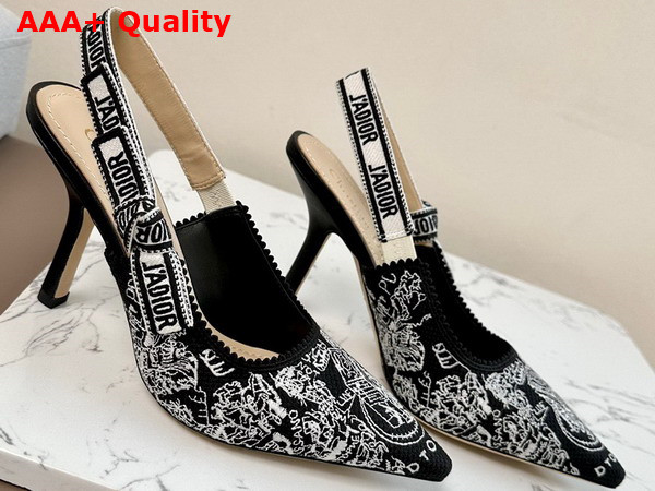 Dior Jadior Slingback Pump Black and White Cotton Embroidered with Plan de Paris Motif Replica