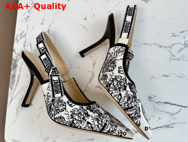 Dior Jadior Slingback Pump White and Black Cotton Embroidered with Plan de Paris Motif High Heel Replica