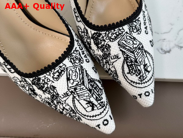 Dior Jadior Slingback Pump White and Black Cotton Embroidered with Plan de Paris Motif High Heel Replica