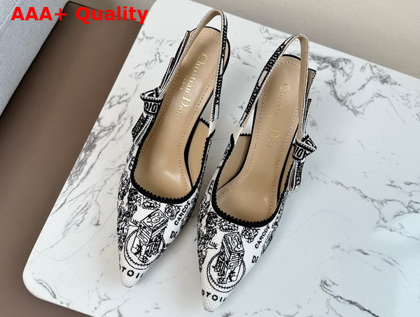 Dior Jadior Slingback Pump White and Black Cotton Embroidered with Plan de Paris Motif High Heel Replica