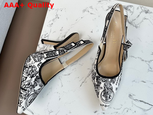 Dior Jadior Slingback Pump White and Black Cotton Embroidered with Plan de Paris Motif High Heel Replica