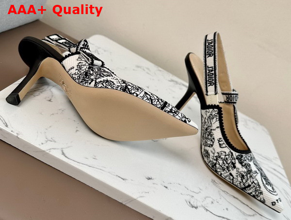 Dior Jadior Slingback Pump White and Black Cotton Embroidered with Plan de Paris Motif High Heel Replica