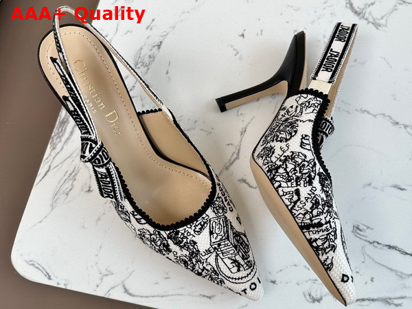 Dior Jadior Slingback Pump White and Black Cotton Embroidered with Plan de Paris Motif High Heel Replica