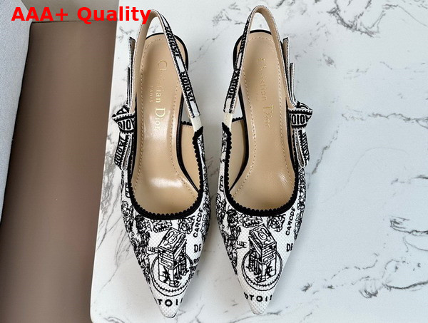 Dior Jadior Slingback Pump White and Black Cotton Embroidered with Plan de Paris Motif Replica