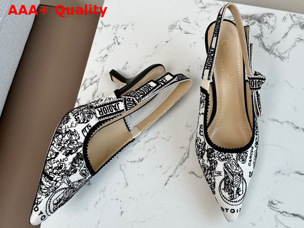 Dior Jadior Slingback Pump White and Black Cotton Embroidered with Plan de Paris Motif Replica