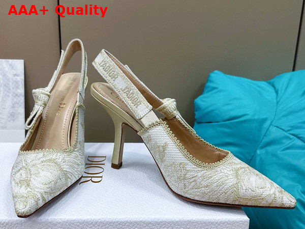 Dior Jadior Slingback Pump White and Gold Tone Cotton Embroidered with Dior Jardin D Hiver Motif in Metallic Thread Replica