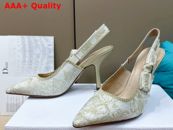 Dior Jadior Slingback Pump White and Gold Tone Cotton Embroidered with Dior Jardin D Hiver Motif in Metallic Thread Replica