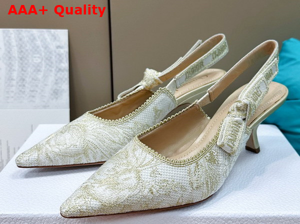 Dior Jadior Slingback Pump White and Gold Tone Cotton Embroidered with Dior Jardin D Hiver Motif in Metallic Thread Replica