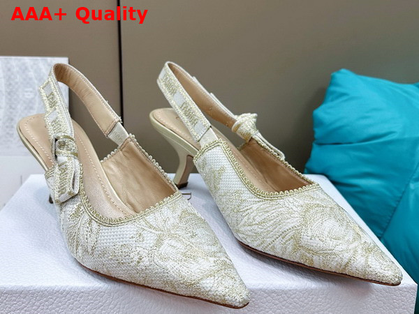 Dior Jadior Slingback Pump White and Gold Tone Cotton Embroidered with Dior Jardin D Hiver Motif in Metallic Thread Replica