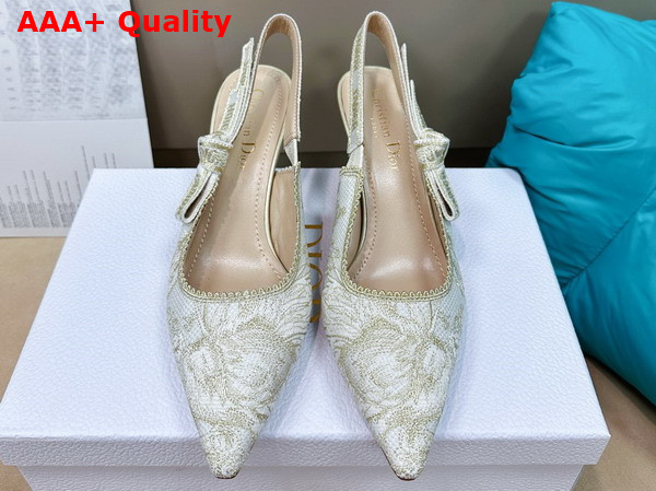 Dior Jadior Slingback Pump White and Gold Tone Cotton Embroidered with Dior Jardin D Hiver Motif in Metallic Thread Replica