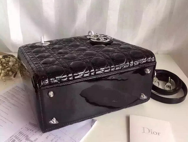 Dior Lady Dior Bag Black Patent Lambskin Silver Hardware for Sale