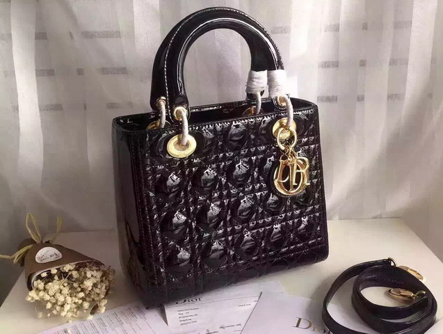 Dior Lady Dior Bag Black Patent Leather Gold Hardwares for Sale