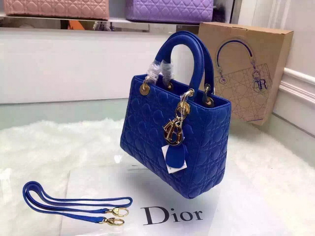 Dior Lady Dior Bag Blue Lambskin Gold Hardware for Sale