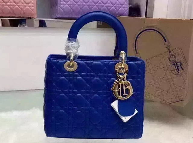 Dior Lady Dior Bag Blue Lambskin Gold Hardware for Sale