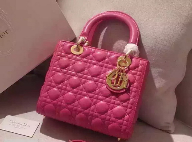 Dior Lady Dior Bag Fuchsia Lambskin Gold Hardware for Sale