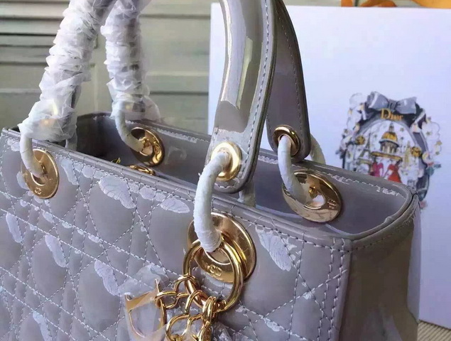 Dior Lady Dior Bag Grey Patent Lambskin Gold Hardware for Sale