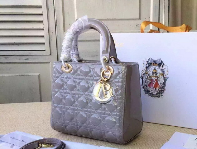 Dior Lady Dior Bag Grey Patent Lambskin Gold Hardware for Sale