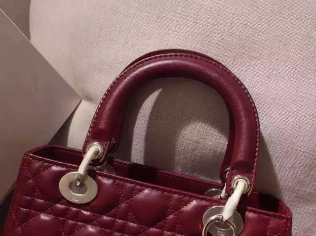 Dior Lady Dior Bag Oxblood Lambskin Silver Hardware for Sale