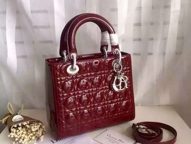 Dior Lady Dior Bag Oxblood Patent Leather Silver Hardware for Sale