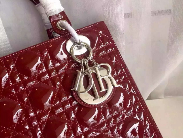 Dior Lady Dior Bag Oxblood Patent Leather Silver Hardware for Sale