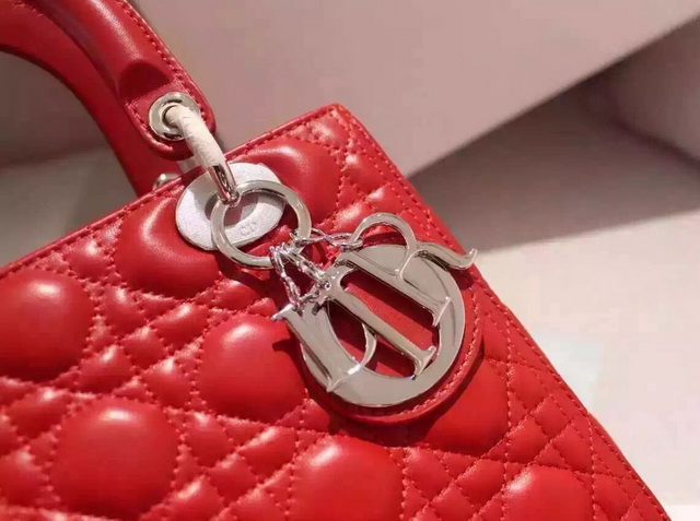 Dior Lady Dior Bag Red Lambskin Silver Hardware for Sale