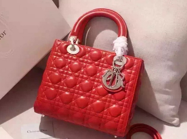 Dior Lady Dior Bag Red Lambskin Silver Hardware for Sale