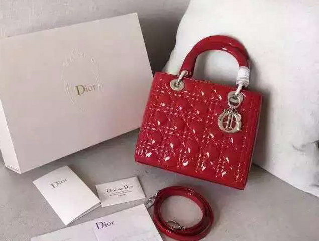 Dior Lady Dior Bag Red Patent Lambskin Silver Hardware for Sale