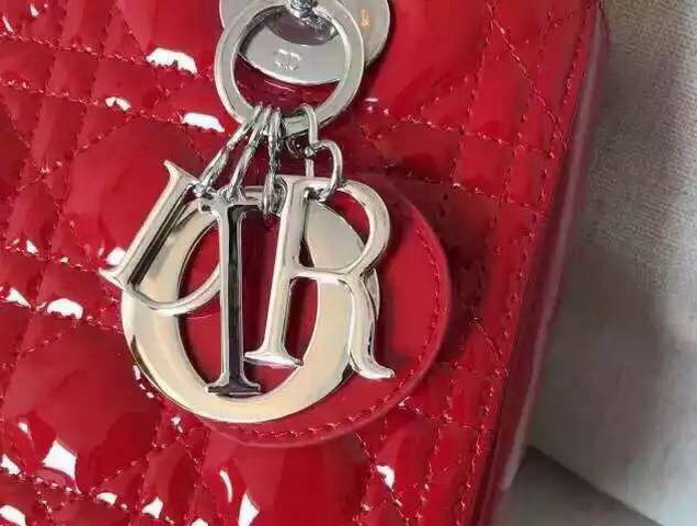 Dior Lady Dior Bag Red Patent Lambskin Silver Hardware for Sale