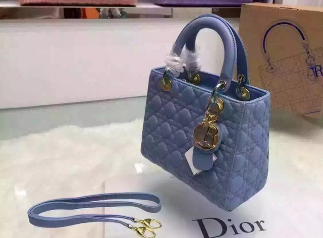 Dior Lady Dior Bag Sky Blue Lambskin Gold Hardware for Sale