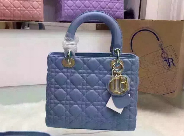 Dior Lady Dior Bag Sky Blue Lambskin Gold Hardware for Sale