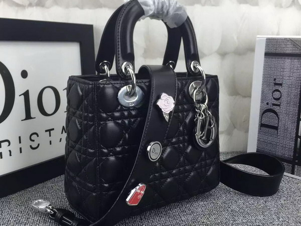 Dior Lady Dior Bag in Black Lambskin Customisable Shoulder Strap Silver Hardware for Sale