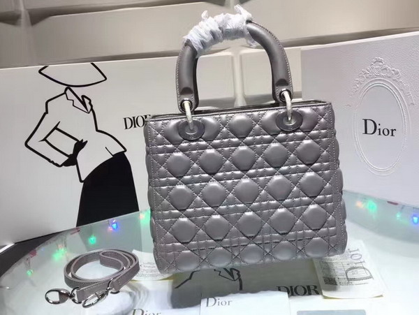 Dior Lady Dior Bag in Pearl Grey Lambskin with Silver Tone Jewellery For Sale