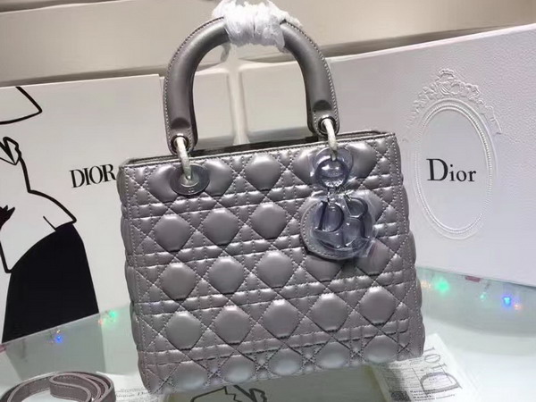 Dior Lady Dior Bag in Pearl Grey Lambskin with Silver Tone Jewellery For Sale