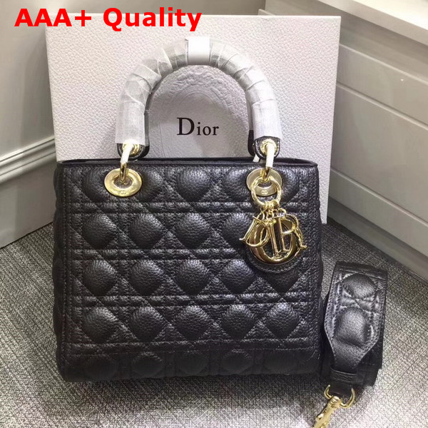 Dior Lady Dior Bag with Leather Shoulder Strap Black Grained Calfskin Replica