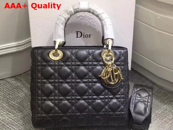 Dior Lady Dior Bag with Leather Shoulder Strap Black Grained Calfskin Replica