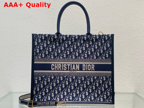 Dior Large Dior Book Tote Blue Dior Oblique Embroidery and Calfskin Replica