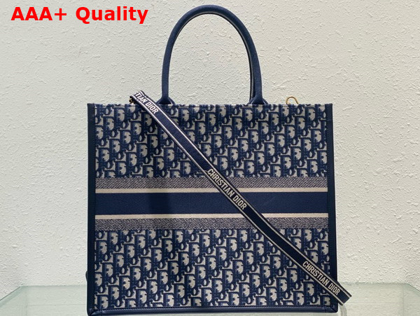 Dior Large Dior Book Tote Blue Dior Oblique Embroidery and Calfskin Replica