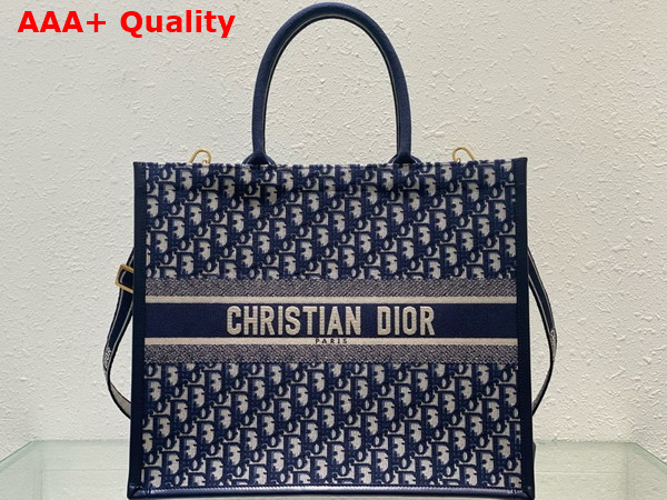 Dior Large Dior Book Tote Blue Dior Oblique Embroidery and Calfskin Replica