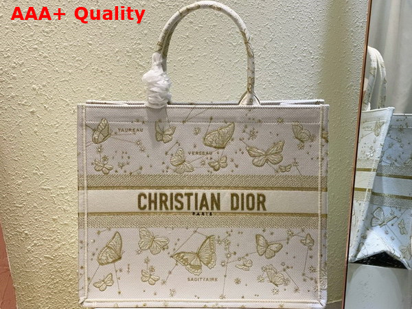 Dior Large Dior Book Tote Gold Tone and White Butterfly Zodiac Embroidery Replica