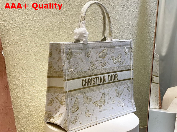 Dior Large Dior Book Tote Gold Tone and White Butterfly Zodiac Embroidery Replica